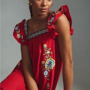 Farm Rio by Anthropologie Red Embroidered Maxi Dress with Floral Details
